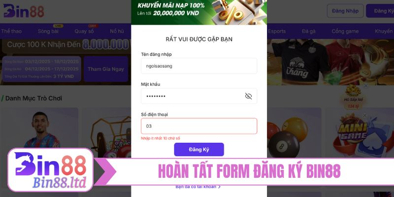 Hoàn tất form đăng ký BIN88