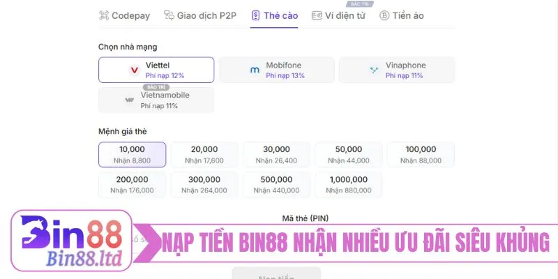 Nạp tiền BIN88 nhận nhiều ưu đãi siêu khủng